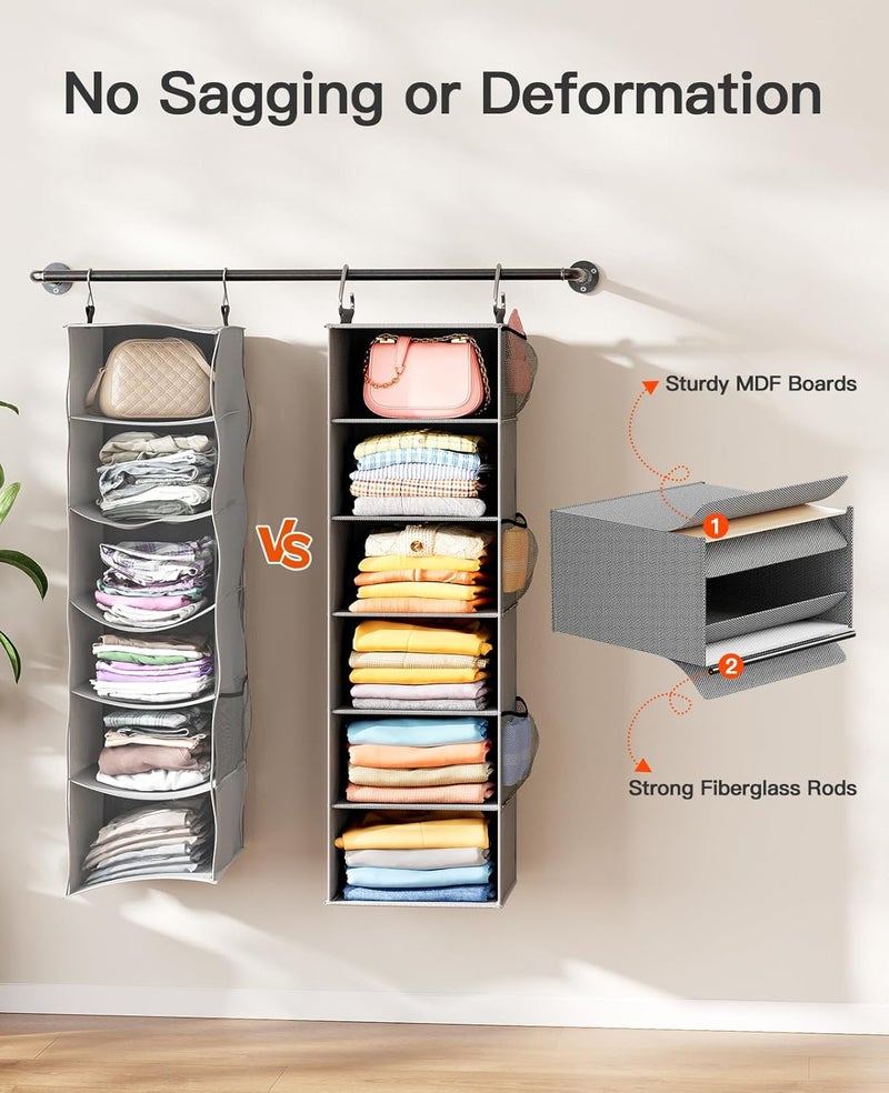 Pipishell Hanging Closet Organizer 6-Shelf, Hanging Shelves for Closet with 3 Removable Drawers & Side Pockets for Bedroom, Garment Rack and Wardrobe Organization, 12' x 12' x 43.3', Dark Gray - Image 4